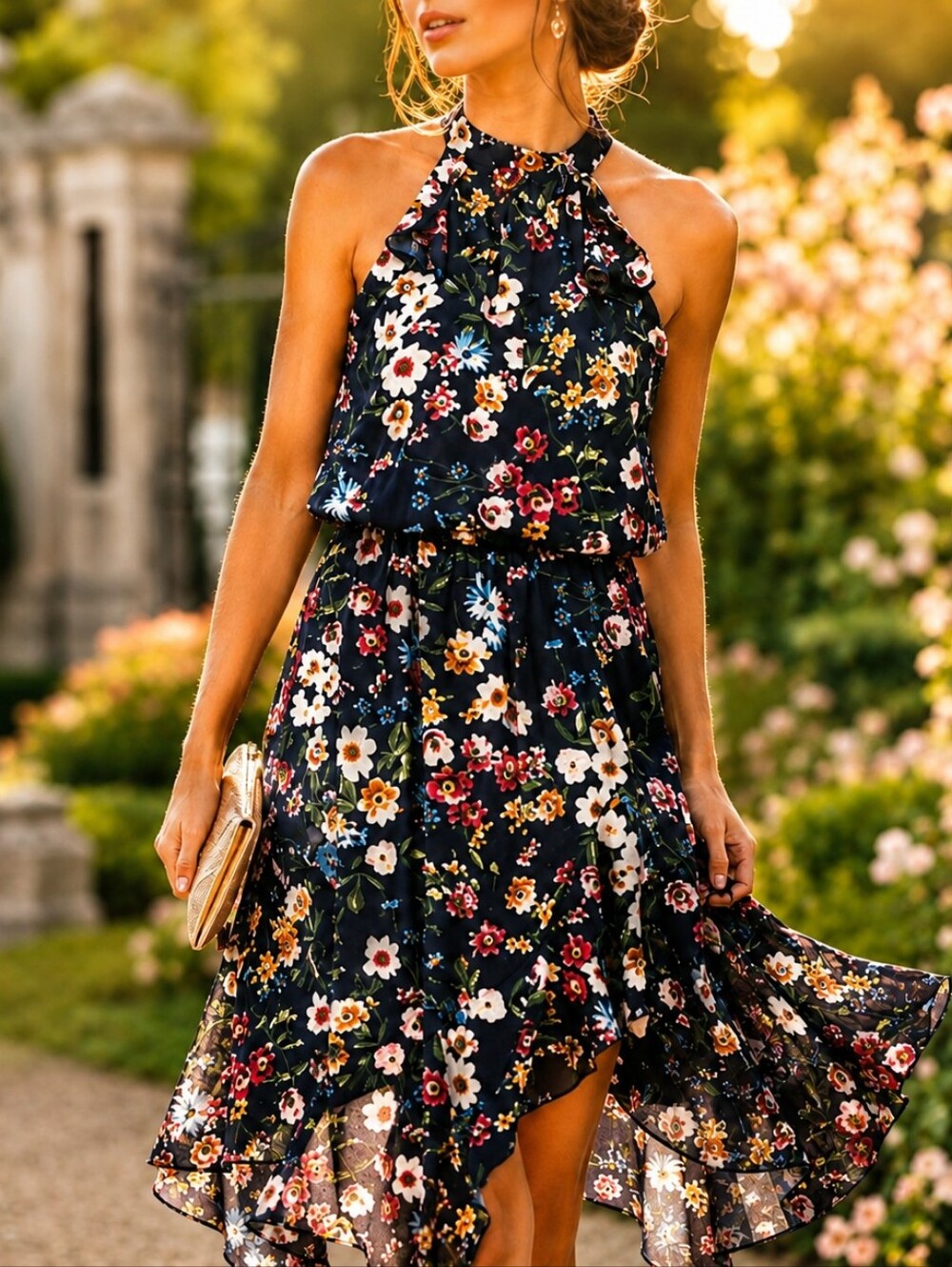 Parker Floral Halter Midi Dress Asymmetrical Ruffle Handkerchief Hem NWT Medium
